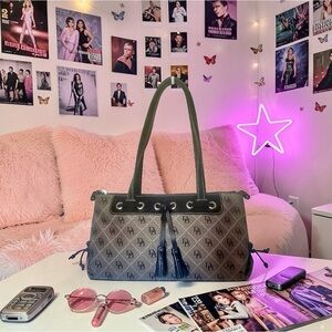 Dooney & Bourke Y2K Monogram Top Handle Bag with Leather Tassels (Gray & Black)